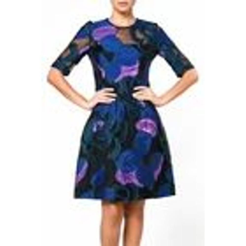 Lela Rose Holly Elbow Sleeve Dress Lapis Multi‎ Floral Fil-Coupe Size 6 F169743